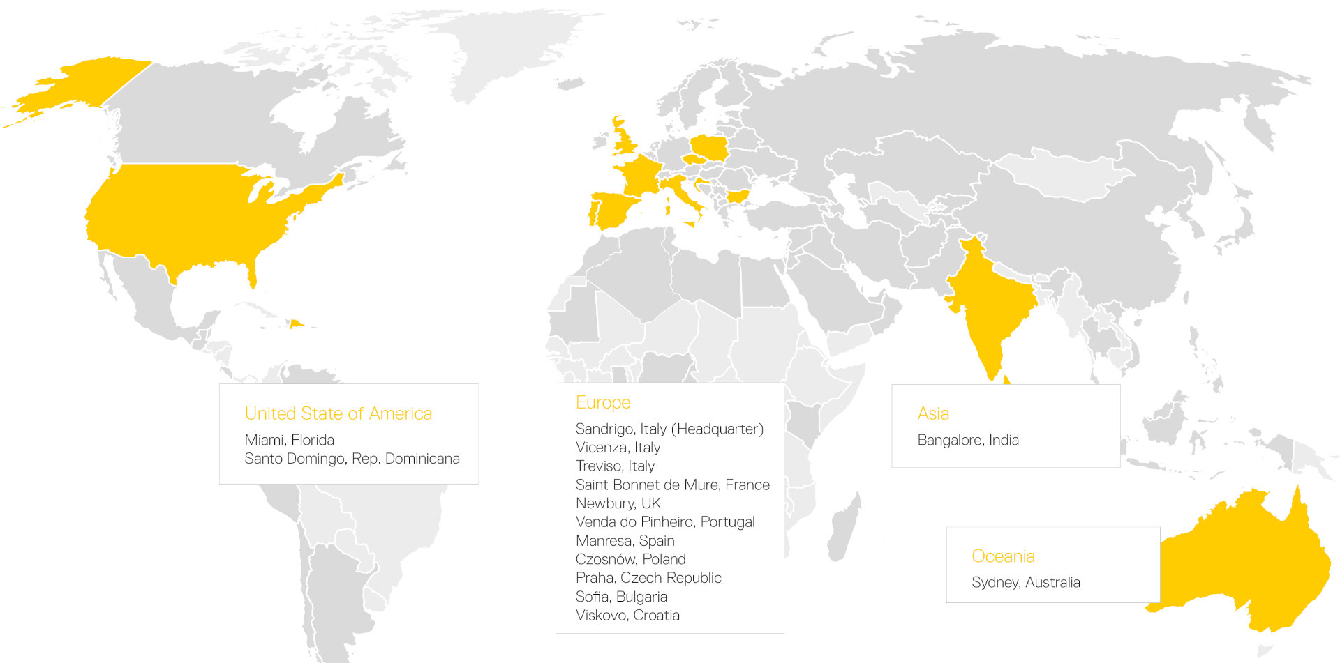 Karte mit den Ländern, in denen Automatismi Benincà vertreten ist
