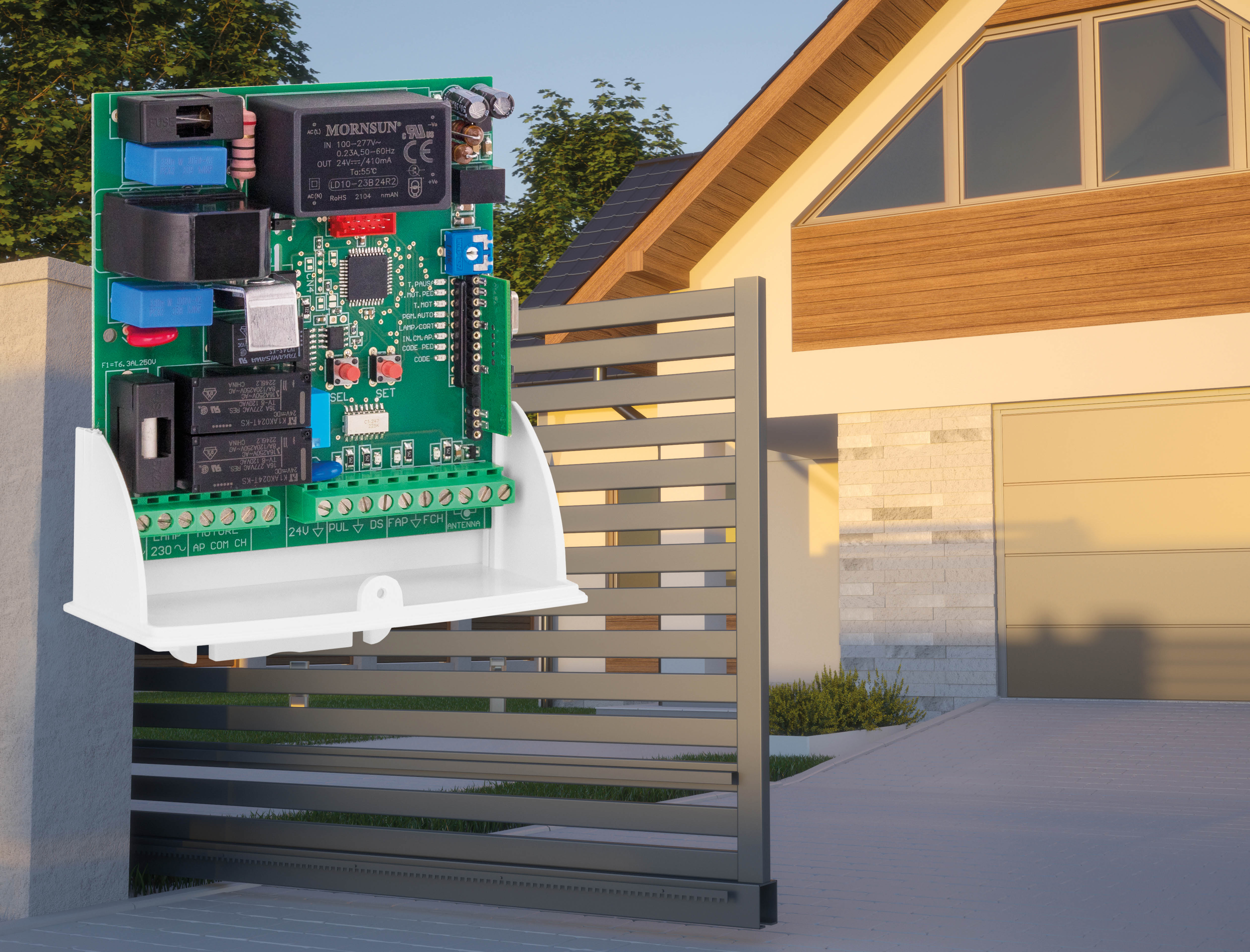 Centrale elettronica Seav LS 2102 Green per cancello scorrevole residenziale, con ricevente radio integrata e funzioni di programmazione automatica.